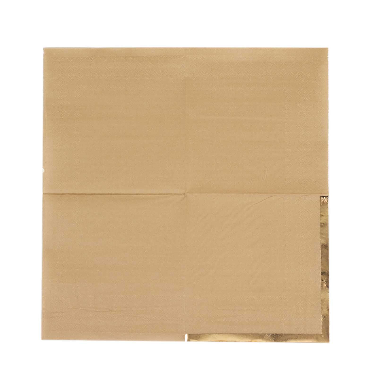 50 - Pack Paper Beverage Napkins Natural with Gold Foil Edge - 2 Ply Disposable Soft 18GSM Cocktail Napkins 5"x5" - Bell Racket Store