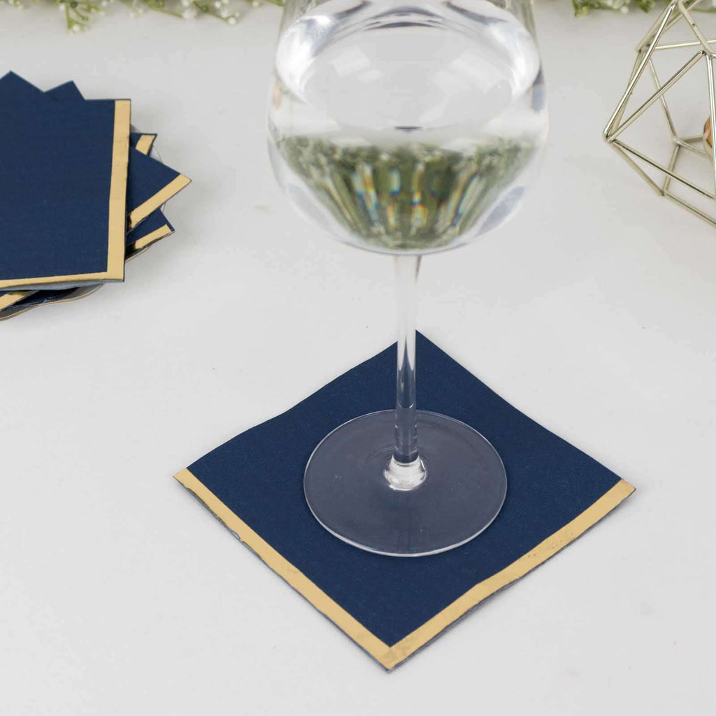 50 - Pack Paper Beverage Napkins Navy Blue with Gold Foil Edge - 2 Ply Disposable Soft 18GSM Cocktail Napkins 5"x5" - Bell Racket Store