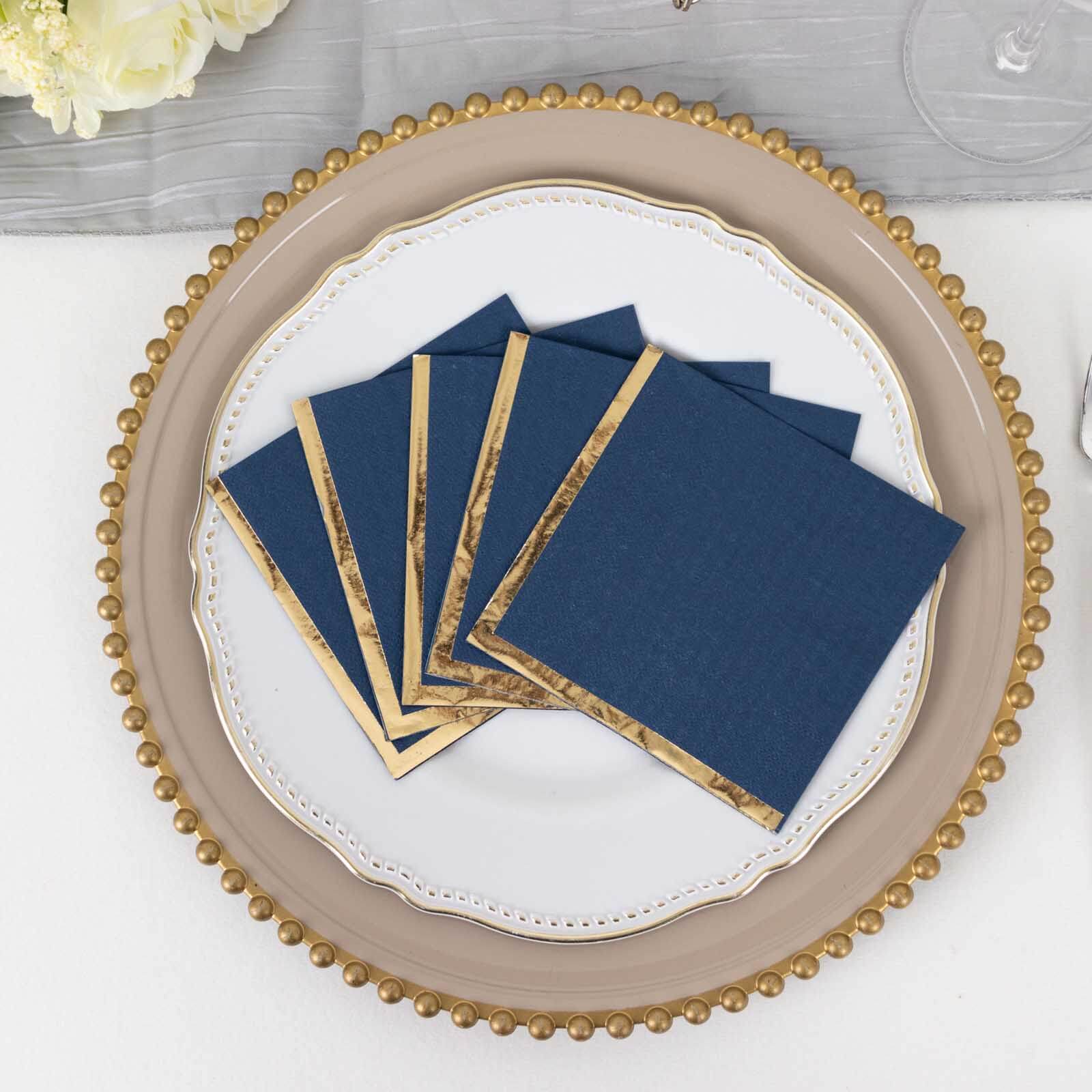 50 - Pack Paper Beverage Napkins Navy Blue with Gold Foil Edge - 2 Ply Disposable Soft 18GSM Cocktail Napkins 5"x5" - Bell Racket Store