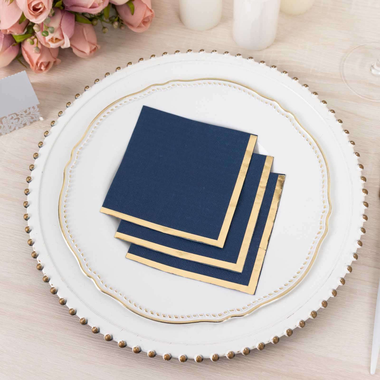 50 - Pack Paper Beverage Napkins Navy Blue with Gold Foil Edge - 2 Ply Disposable Soft 18GSM Cocktail Napkins 5"x5" - Bell Racket Store