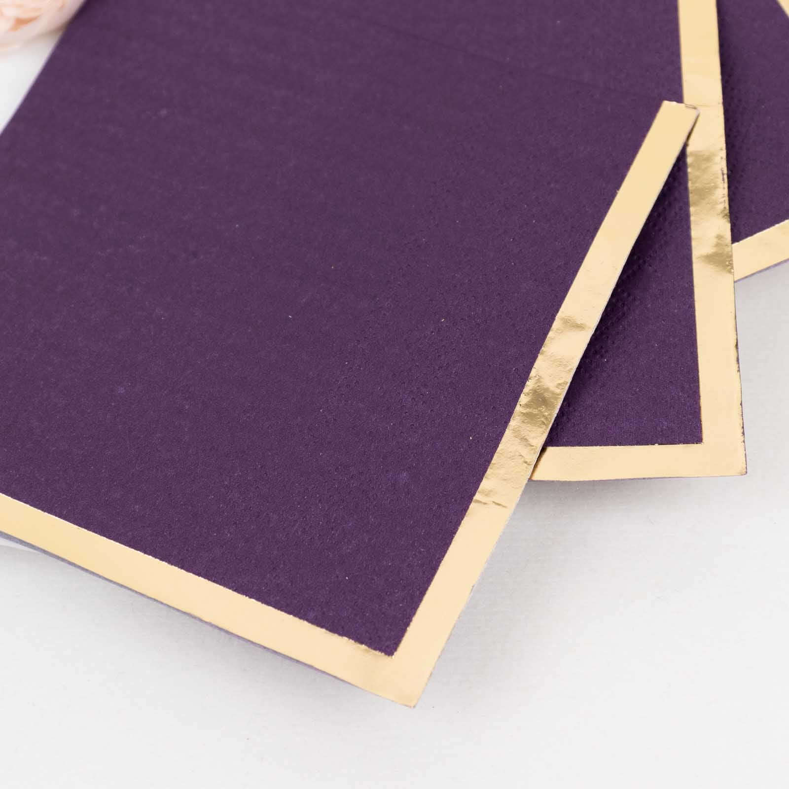 50 - Pack Paper Beverage Napkins Purple with Gold Foil Edge - 2 Ply Disposable Soft 18GSM Cocktail Napkins 5"x5" - Bell Racket Store