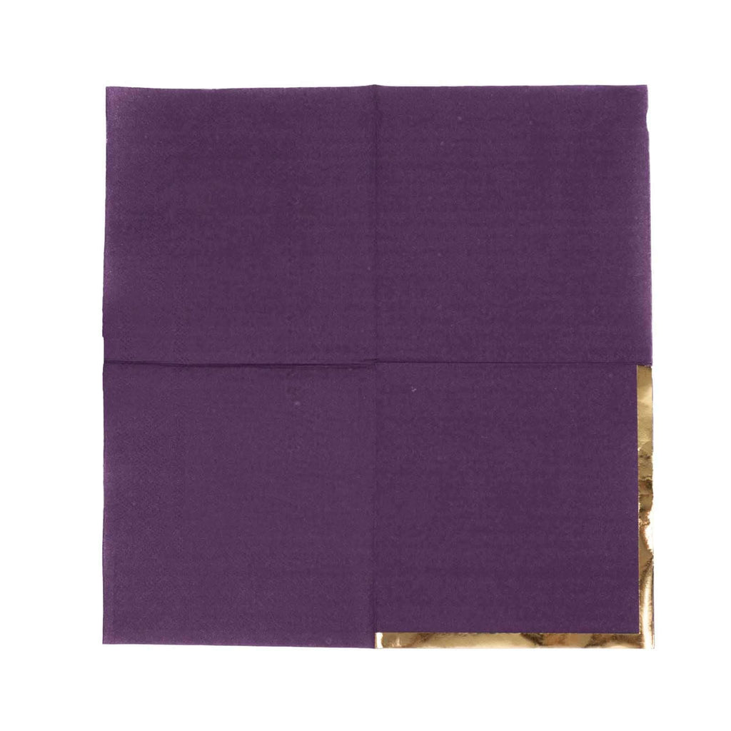 50 - Pack Paper Beverage Napkins Purple with Gold Foil Edge - 2 Ply Disposable Soft 18GSM Cocktail Napkins 5"x5" - Bell Racket Store