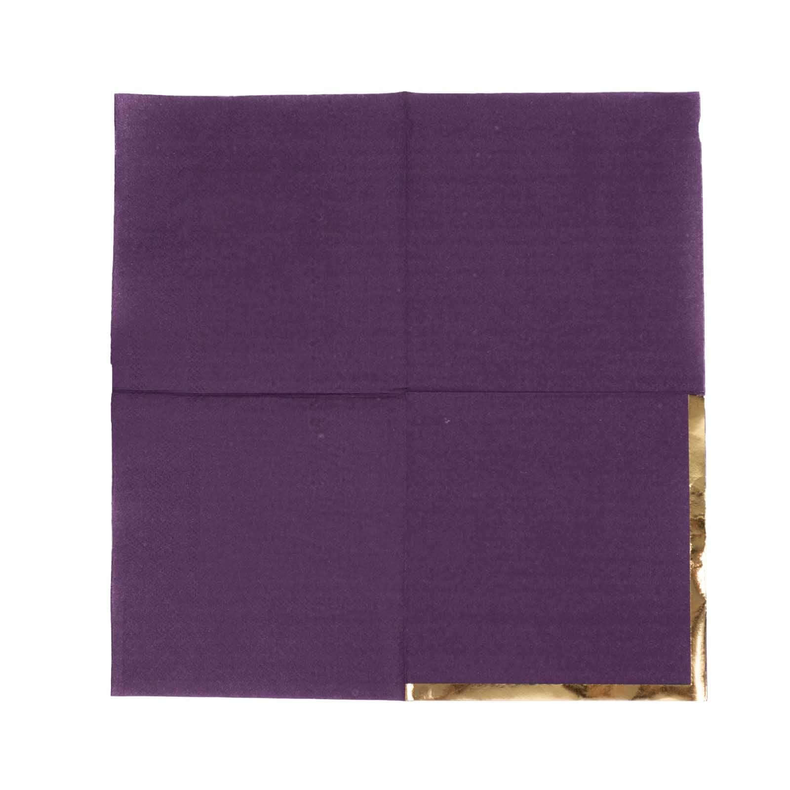 50 - Pack Paper Beverage Napkins Purple with Gold Foil Edge - 2 Ply Disposable Soft 18GSM Cocktail Napkins 5"x5" - Bell Racket Store