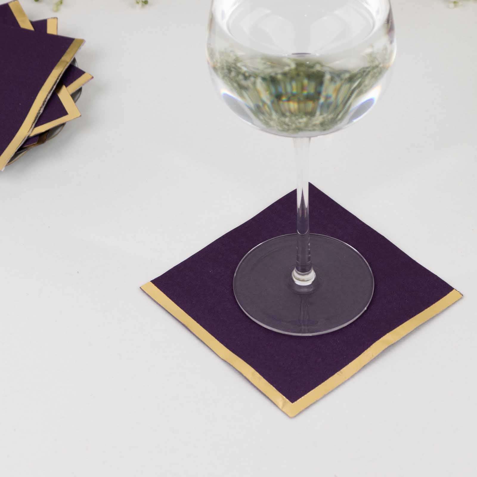 50 - Pack Paper Beverage Napkins Purple with Gold Foil Edge - 2 Ply Disposable Soft 18GSM Cocktail Napkins 5"x5" - Bell Racket Store