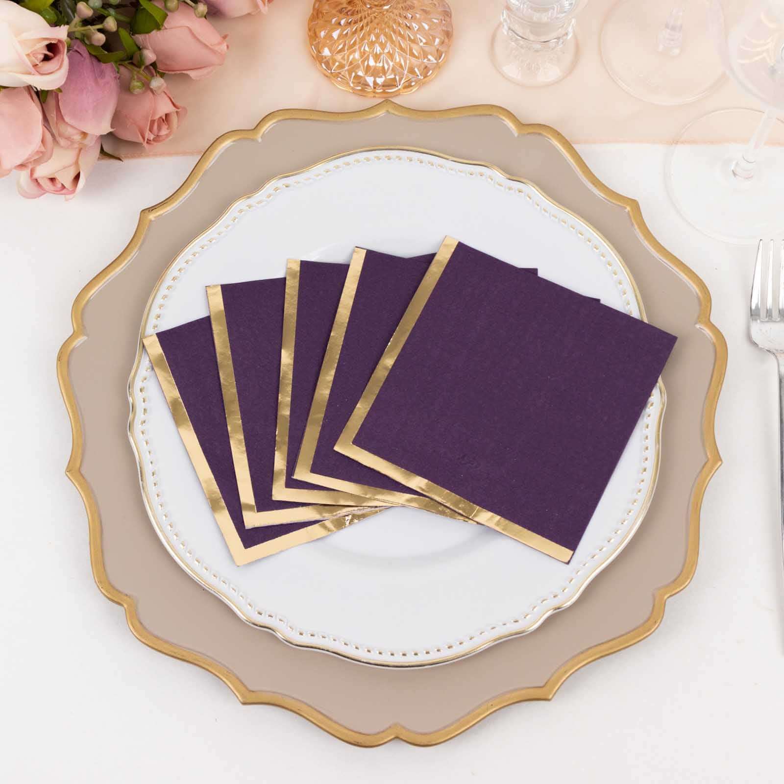 50 - Pack Paper Beverage Napkins Purple with Gold Foil Edge - 2 Ply Disposable Soft 18GSM Cocktail Napkins 5"x5" - Bell Racket Store