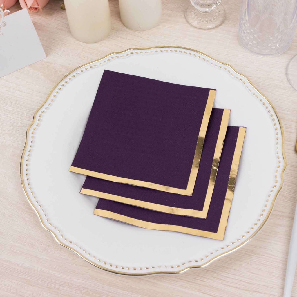 50 - Pack Paper Beverage Napkins Purple with Gold Foil Edge - 2 Ply Disposable Soft 18GSM Cocktail Napkins 5"x5" - Bell Racket Store
