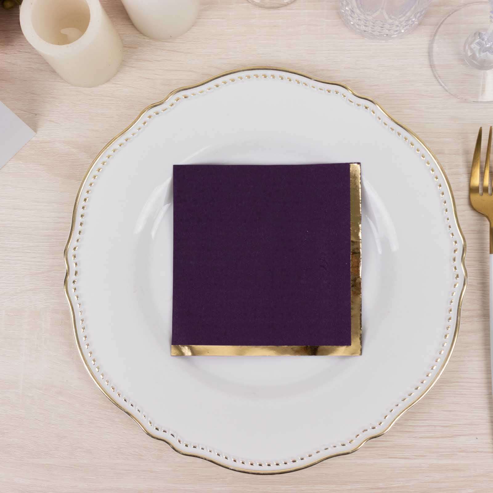 50 - Pack Paper Beverage Napkins Purple with Gold Foil Edge - 2 Ply Disposable Soft 18GSM Cocktail Napkins 5"x5" - Bell Racket Store