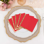50 - Pack Paper Beverage Napkins Red with Gold Foil Edge - 2 Ply Disposable Soft 18GSM Cocktail Napkins 5"x5" - Bell Racket Store