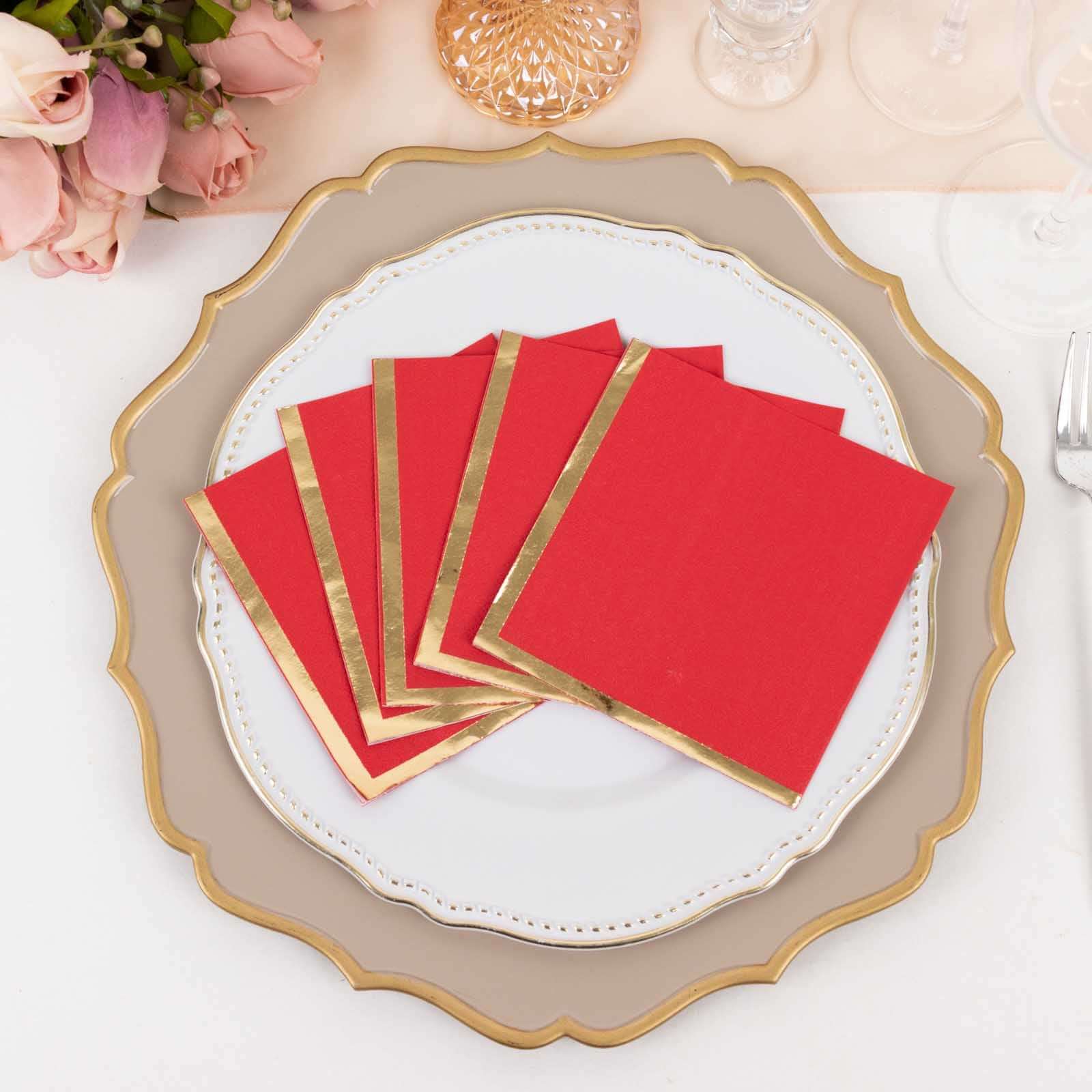 50 - Pack Paper Beverage Napkins Red with Gold Foil Edge - 2 Ply Disposable Soft 18GSM Cocktail Napkins 5"x5" - Bell Racket Store