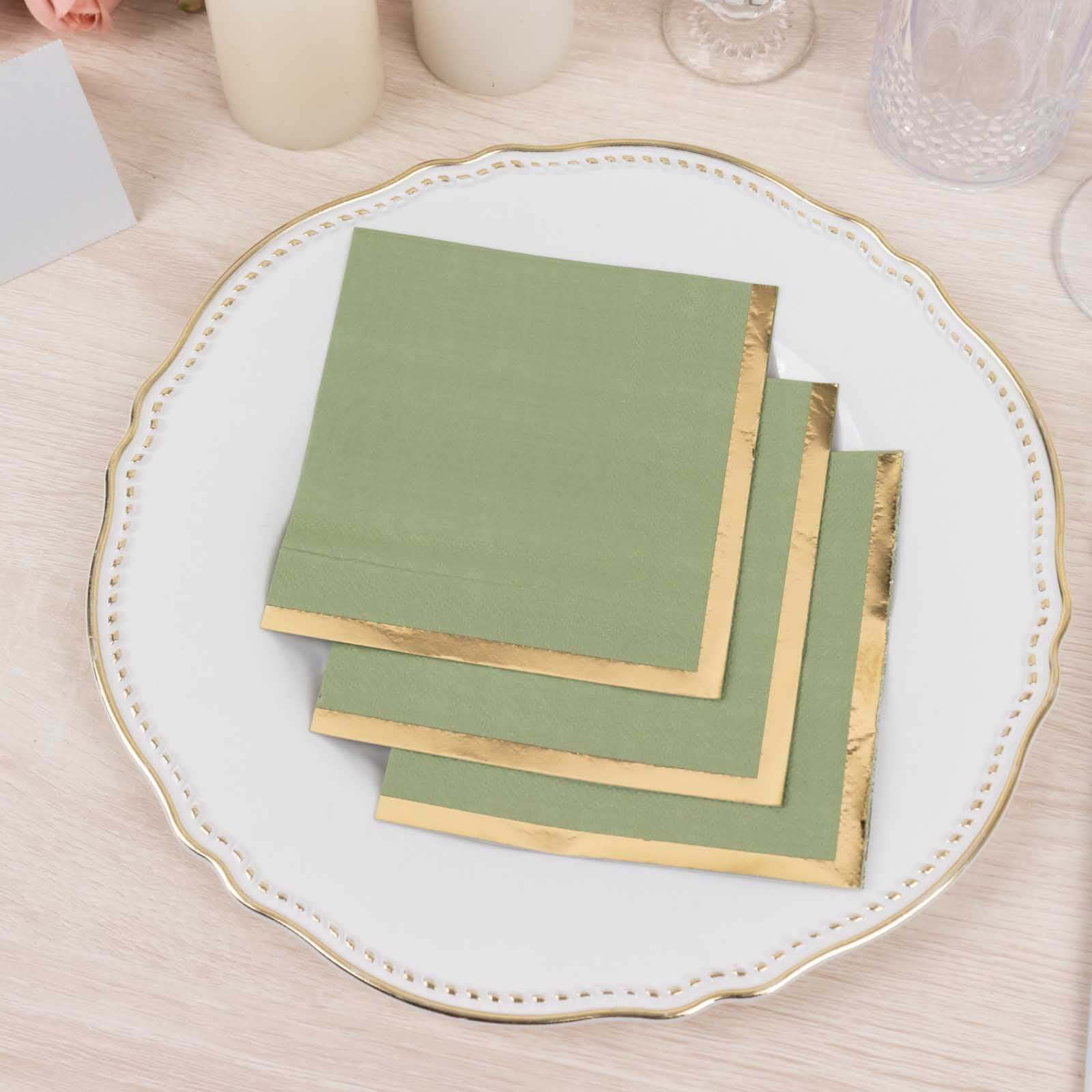 50 - Pack Paper Beverage Napkins Sage Green with Gold Foil Edge - 2 Ply Disposable Soft 18GSM Cocktail Napkins 5"x5" - Bell Racket Store