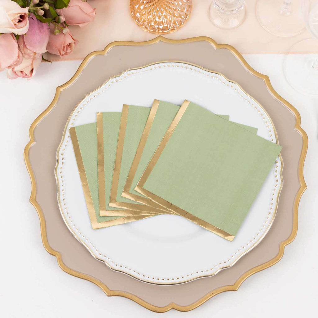 50 - Pack Paper Beverage Napkins Sage Green with Gold Foil Edge - 2 Ply Disposable Soft 18GSM Cocktail Napkins 5"x5" - Bell Racket Store