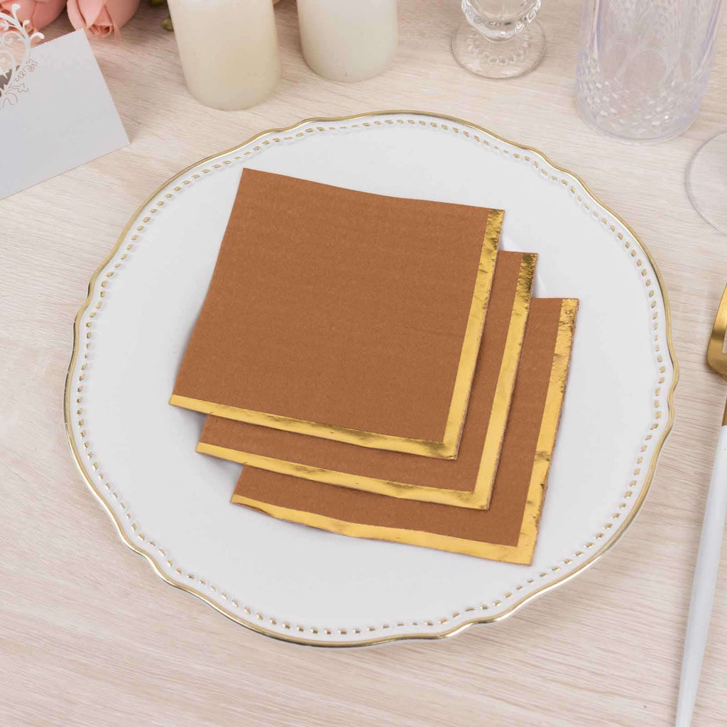 50 - Pack Paper Beverage Napkins Terracotta (Rust) with Gold Foil Edge - 2 Ply Disposable Soft 18GSM Cocktail Napkins 5"x5" - Bell Racket Store