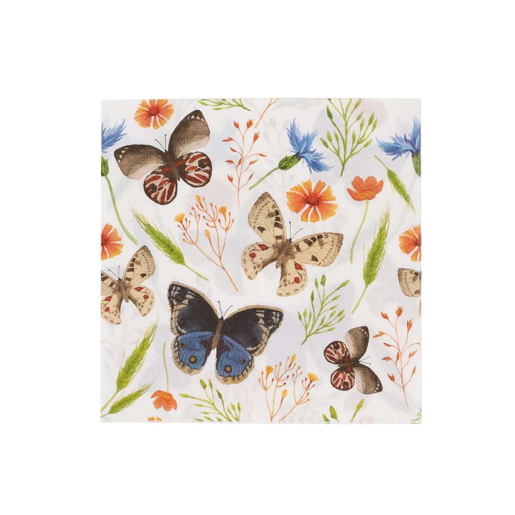 50 - Pack Paper Beverage Napkins with Field Herbs and Butterfly Print Ivory - 2 Ply Disposable 18GSM Garden Party Napkins 6.5"x6.5" - Bell Racket Store