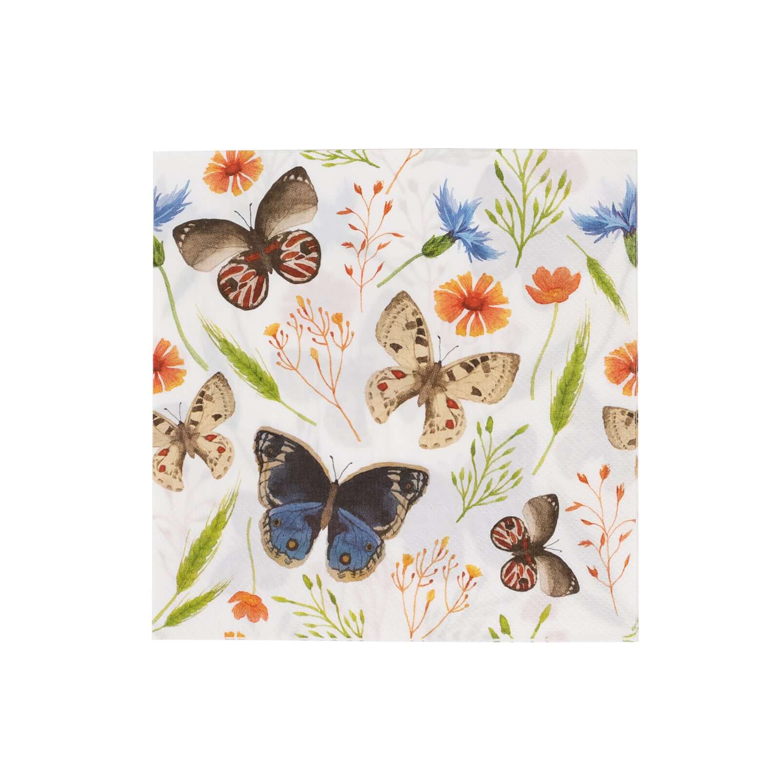 50 - Pack Paper Beverage Napkins with Field Herbs and Butterfly Print Ivory - 2 Ply Disposable 18GSM Garden Party Napkins 6.5"x6.5" - Bell Racket Store
