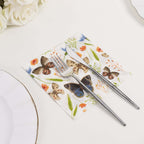 50 - Pack Paper Beverage Napkins with Field Herbs and Butterfly Print Ivory - 2 Ply Disposable 18GSM Garden Party Napkins 6.5"x6.5" - Bell Racket Store