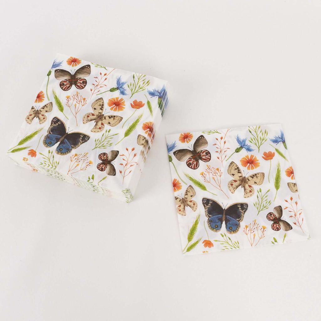 50 - Pack Paper Beverage Napkins with Field Herbs and Butterfly Print Ivory - 2 Ply Disposable 18GSM Garden Party Napkins 6.5"x6.5" - Bell Racket Store