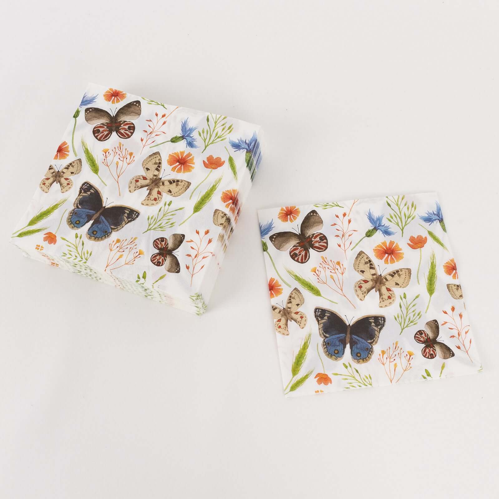 50 - Pack Paper Beverage Napkins with Field Herbs and Butterfly Print Ivory - 2 Ply Disposable 18GSM Garden Party Napkins 6.5"x6.5" - Bell Racket Store