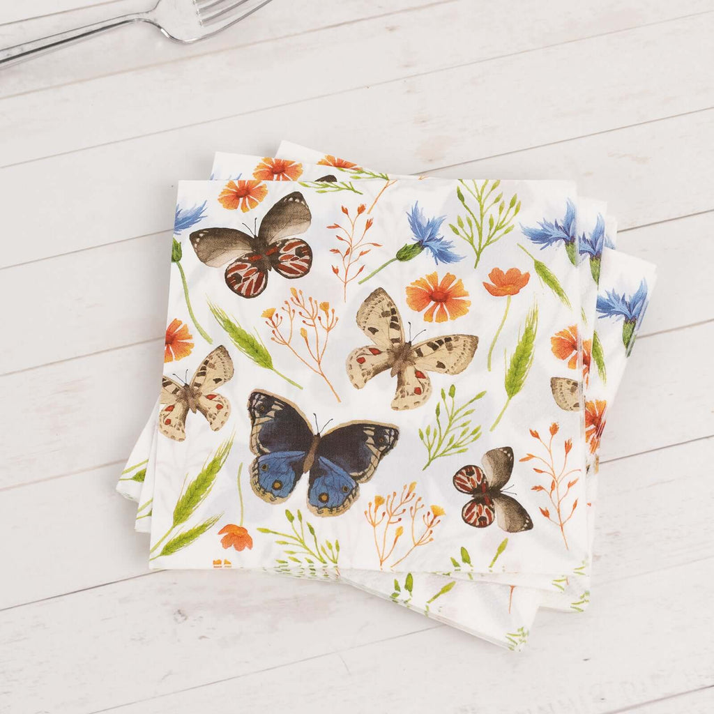50 - Pack Paper Beverage Napkins with Field Herbs and Butterfly Print Ivory - 2 Ply Disposable 18GSM Garden Party Napkins 6.5"x6.5" - Bell Racket Store