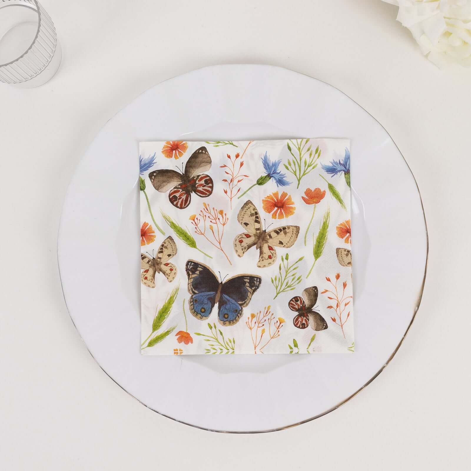 50 - Pack Paper Beverage Napkins with Field Herbs and Butterfly Print Ivory - 2 Ply Disposable 18GSM Garden Party Napkins 6.5"x6.5" - Bell Racket Store