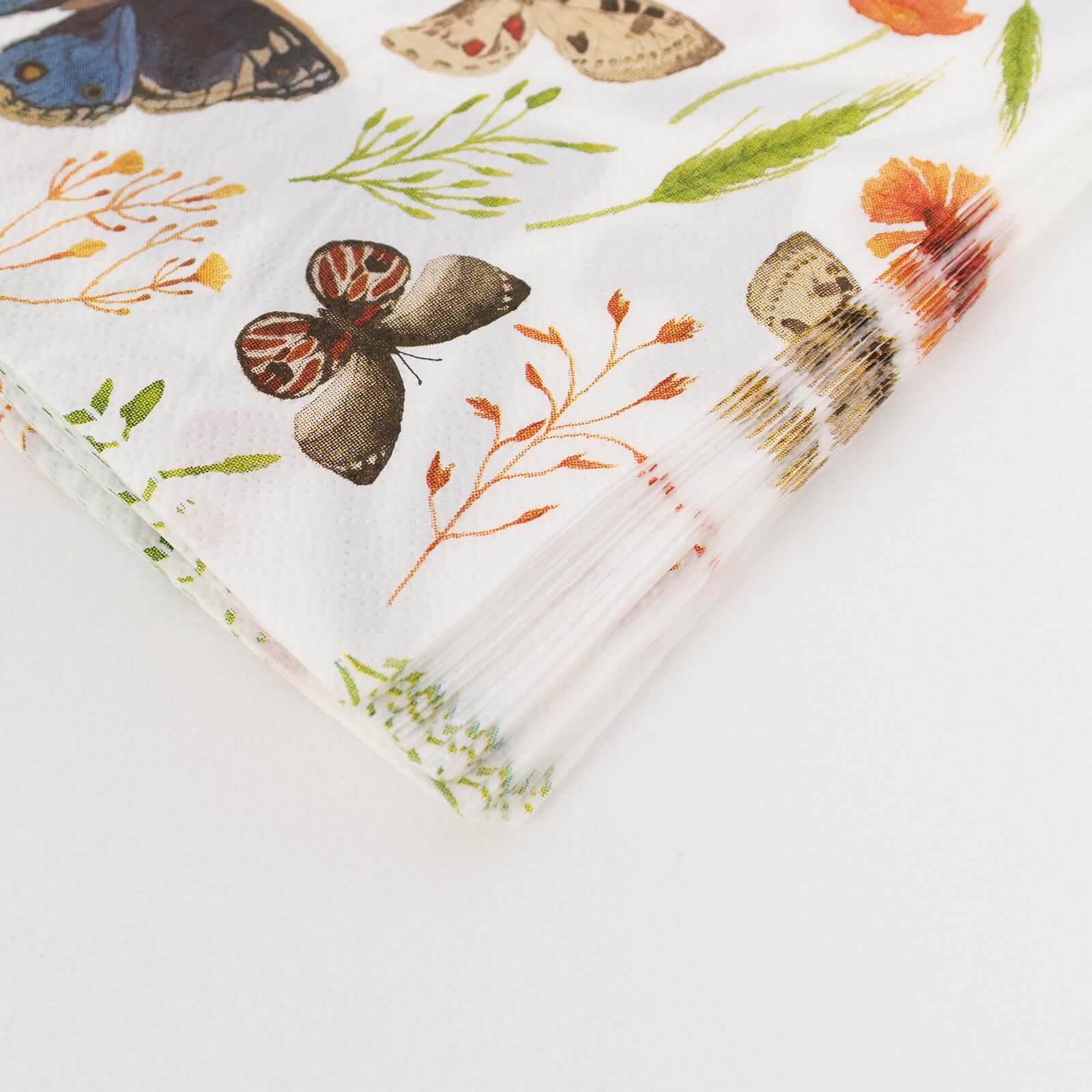 50 - Pack Paper Beverage Napkins with Field Herbs and Butterfly Print Ivory - 2 Ply Disposable 18GSM Garden Party Napkins 6.5"x6.5" - Bell Racket Store