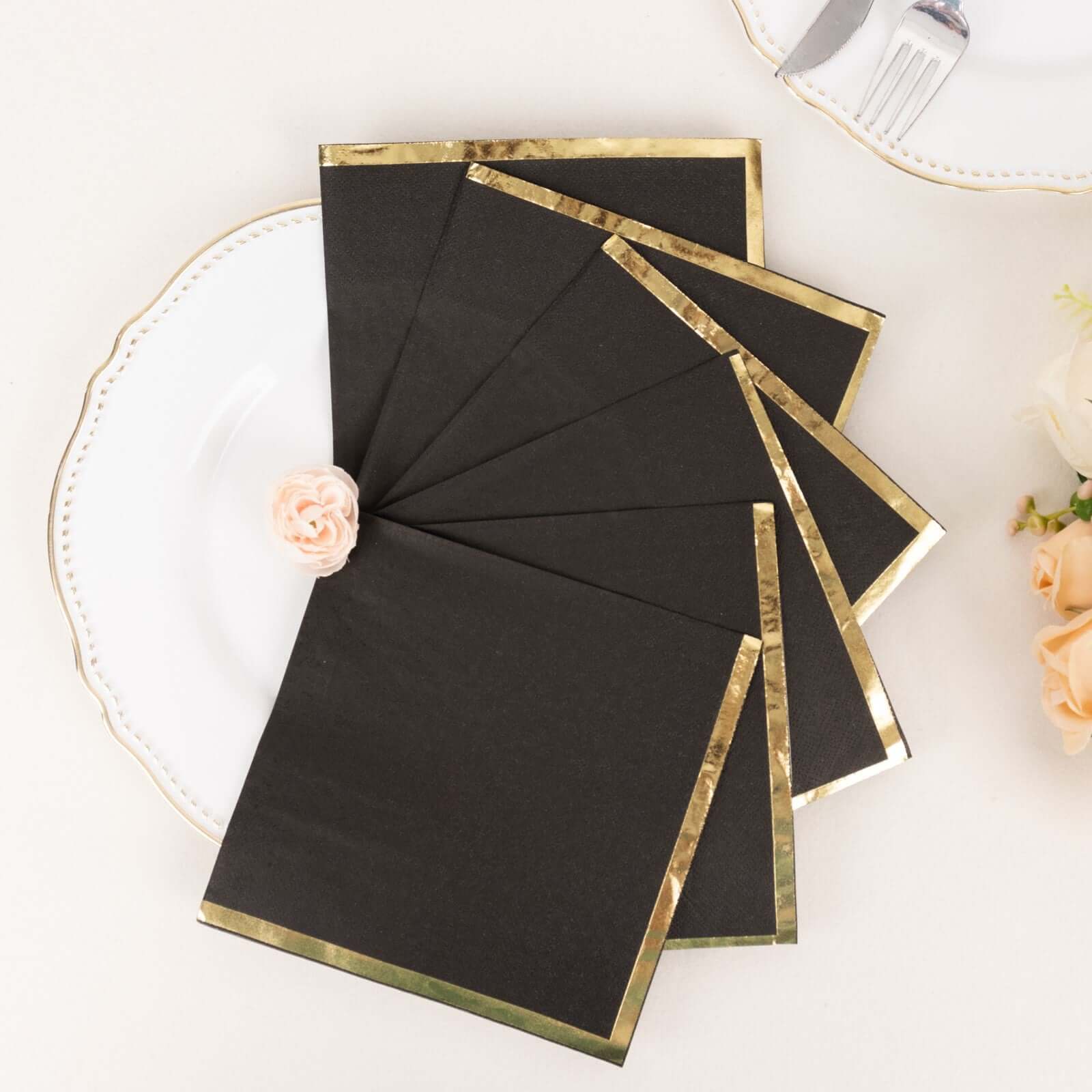 50 - Pack Paper Beverage Napkins with Gold Foil Edge Black - Disposable 2 Ply Cocktail Napkins for Events 6.5"x6.5" - Bell Racket Store