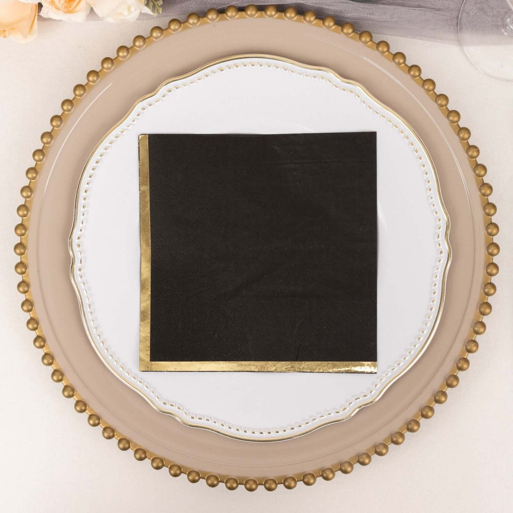 50 - Pack Paper Beverage Napkins with Gold Foil Edge Black - Disposable 2 Ply Cocktail Napkins for Events 6.5"x6.5" - Bell Racket Store