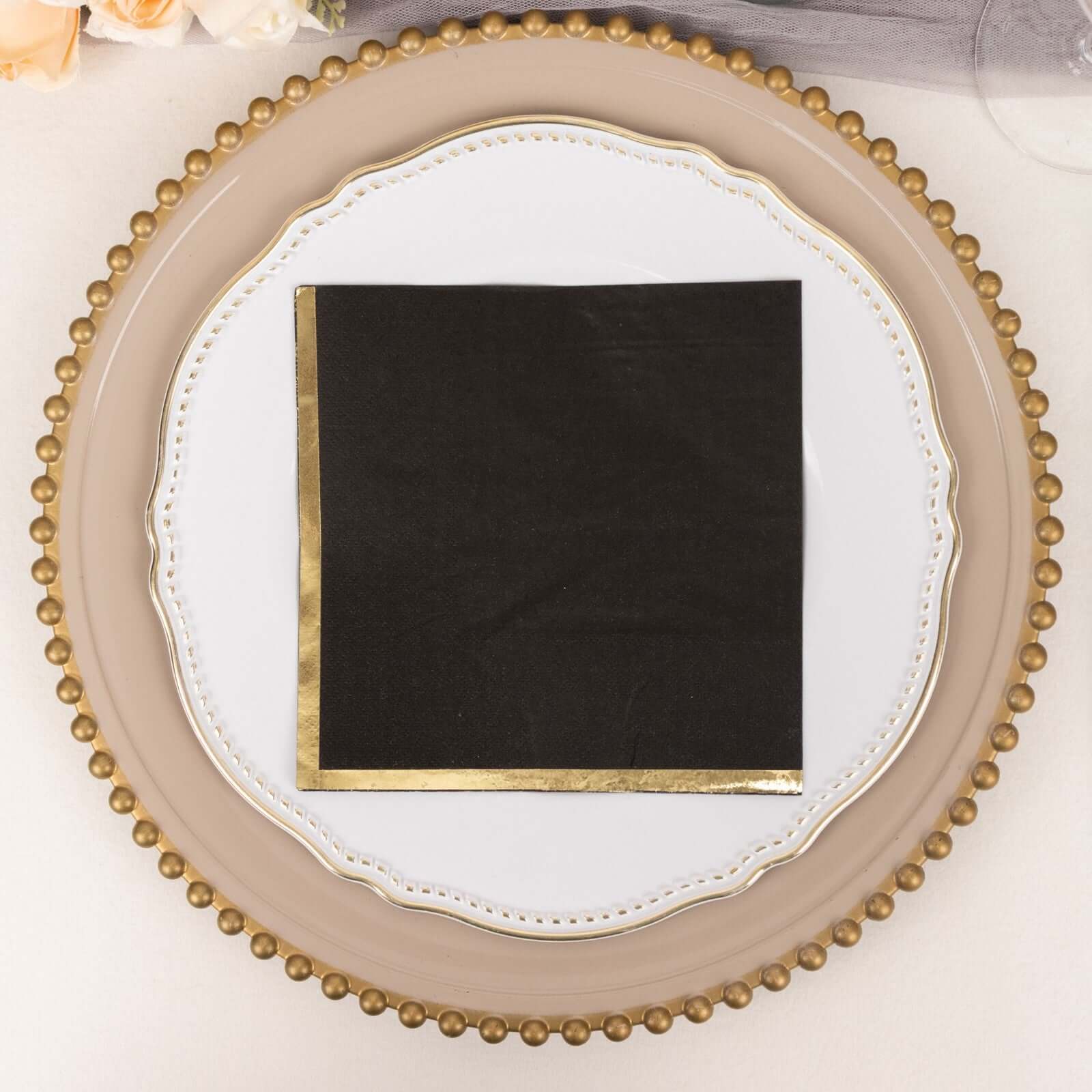 50 - Pack Paper Beverage Napkins with Gold Foil Edge Black - Disposable 2 Ply Cocktail Napkins for Events 6.5"x6.5" - Bell Racket Store