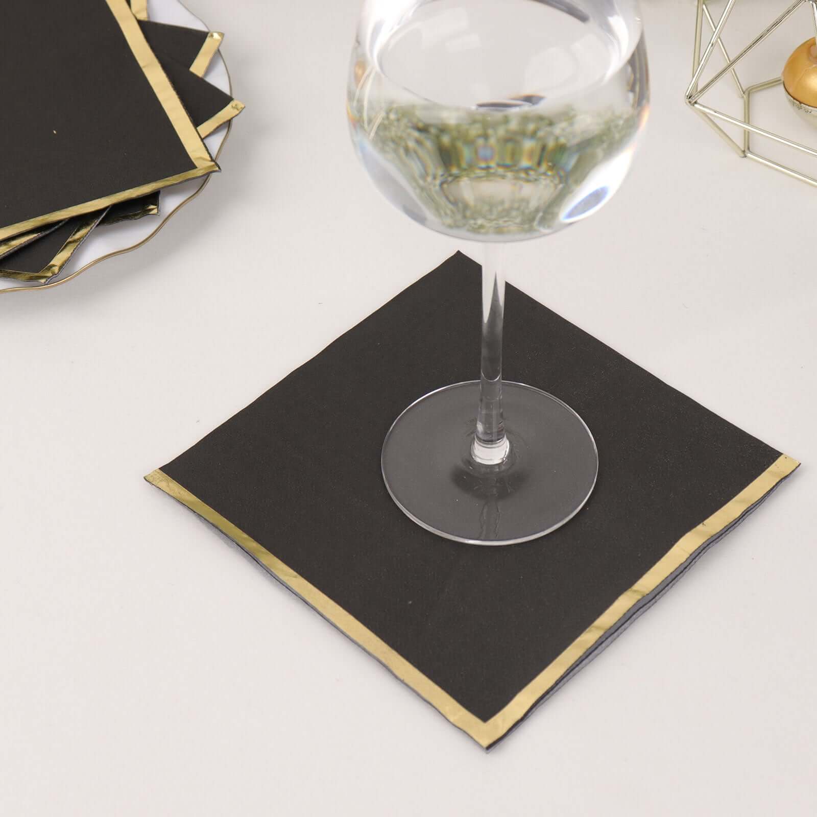 50 - Pack Paper Beverage Napkins with Gold Foil Edge Black - Disposable 2 Ply Cocktail Napkins for Events 6.5"x6.5" - Bell Racket Store
