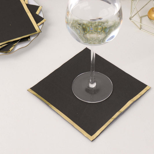 50 - Pack Paper Beverage Napkins with Gold Foil Edge Black - Disposable 2 Ply Cocktail Napkins for Events 6.5"x6.5" - Bell Racket Store