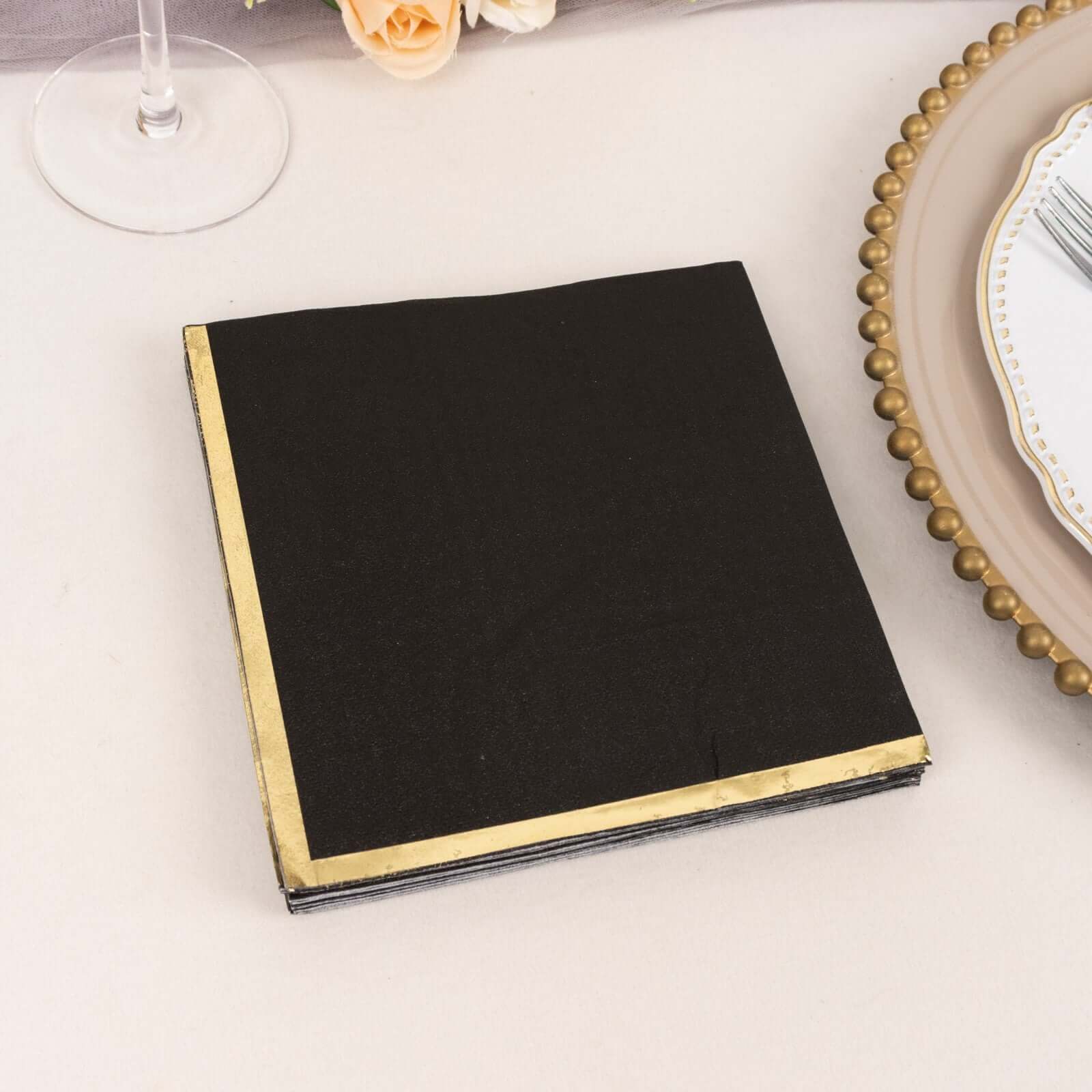 50 - Pack Paper Beverage Napkins with Gold Foil Edge Black - Disposable 2 Ply Cocktail Napkins for Events 6.5"x6.5" - Bell Racket Store
