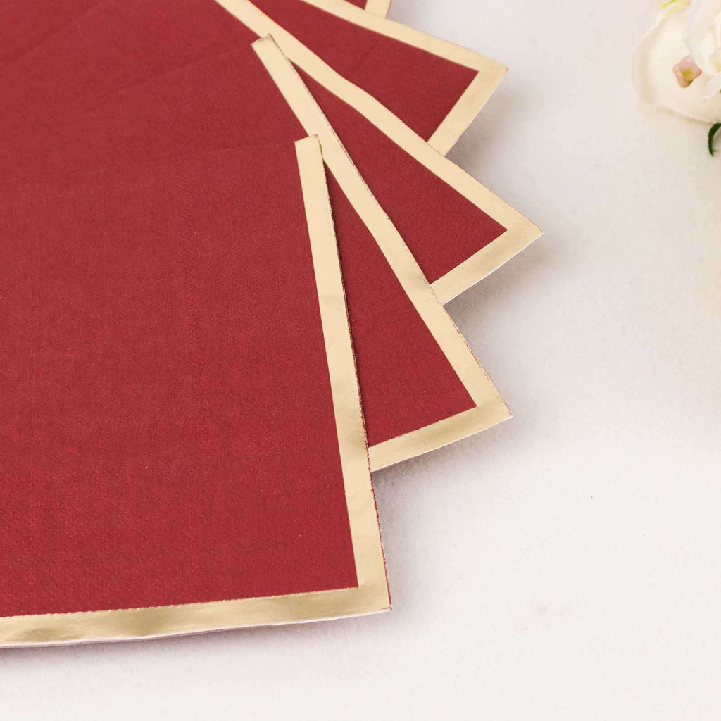 50 - Pack Paper Beverage Napkins with Gold Foil Edge Burgundy - Disposable 2 Ply Cocktail Napkins for Events 6.5"x6.5" - Bell Racket Store