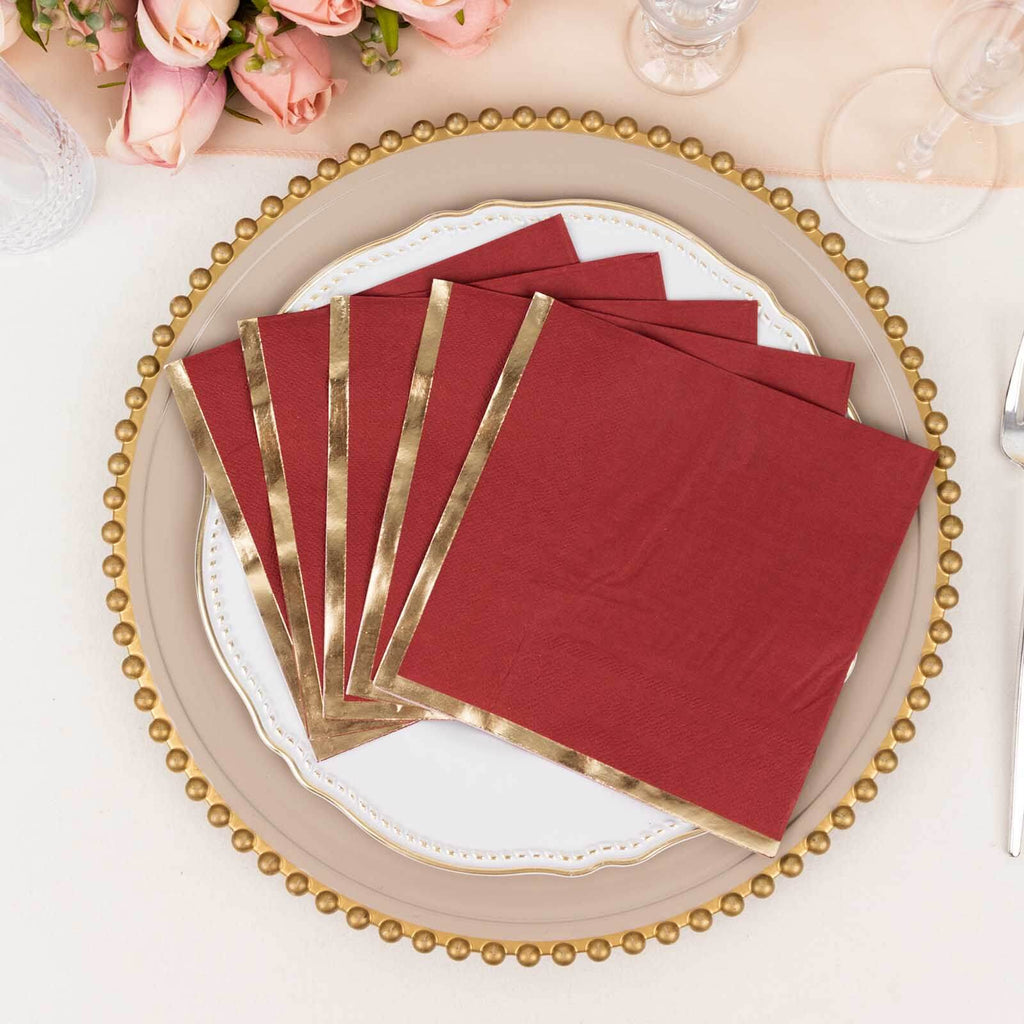 50 - Pack Paper Beverage Napkins with Gold Foil Edge Burgundy - Disposable 2 Ply Cocktail Napkins for Events 6.5"x6.5" - Bell Racket Store
