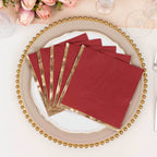 50 - Pack Paper Beverage Napkins with Gold Foil Edge Burgundy - Disposable 2 Ply Cocktail Napkins for Events 6.5"x6.5" - Bell Racket Store