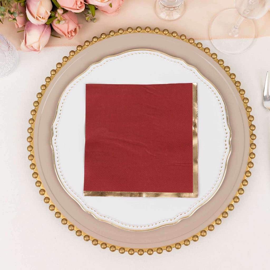 50 - Pack Paper Beverage Napkins with Gold Foil Edge Burgundy - Disposable 2 Ply Cocktail Napkins for Events 6.5"x6.5" - Bell Racket Store