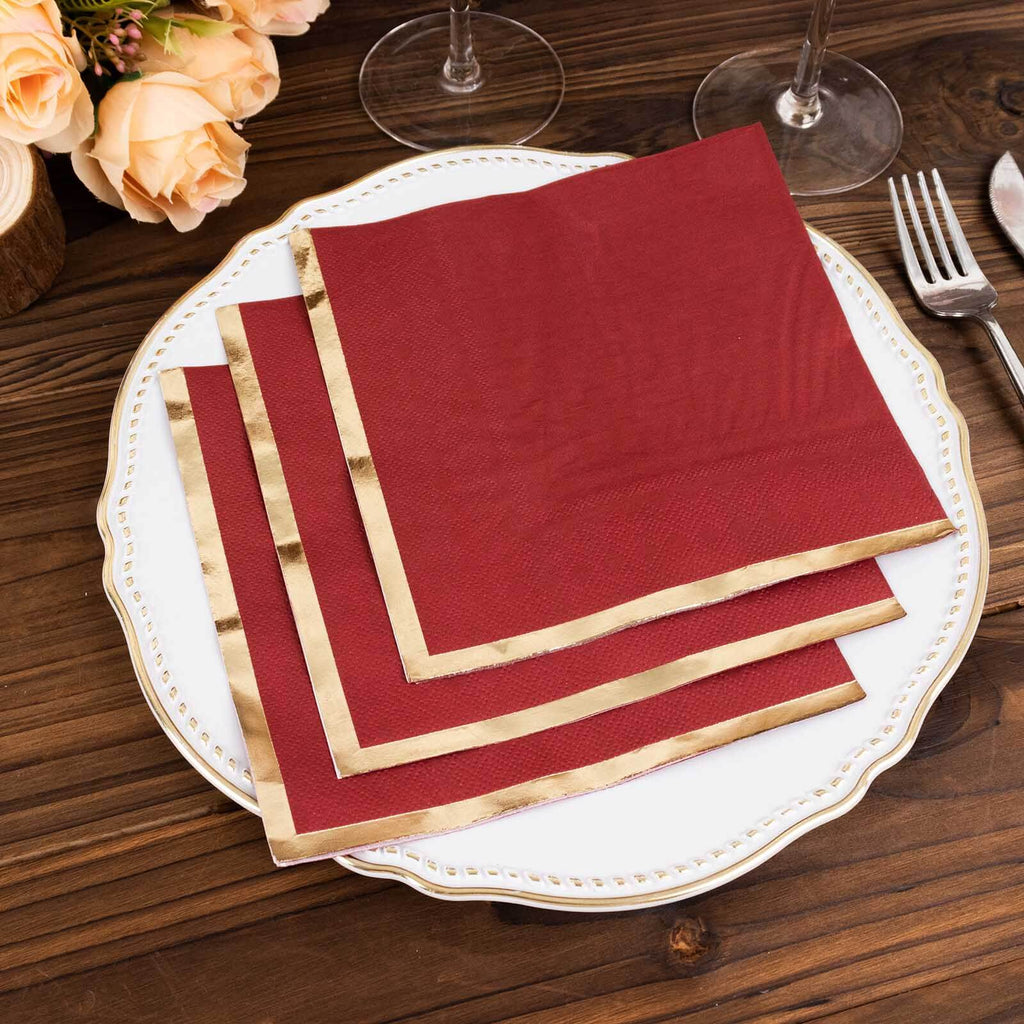 50 - Pack Paper Beverage Napkins with Gold Foil Edge Burgundy - Disposable 2 Ply Cocktail Napkins for Events 6.5"x6.5" - Bell Racket Store