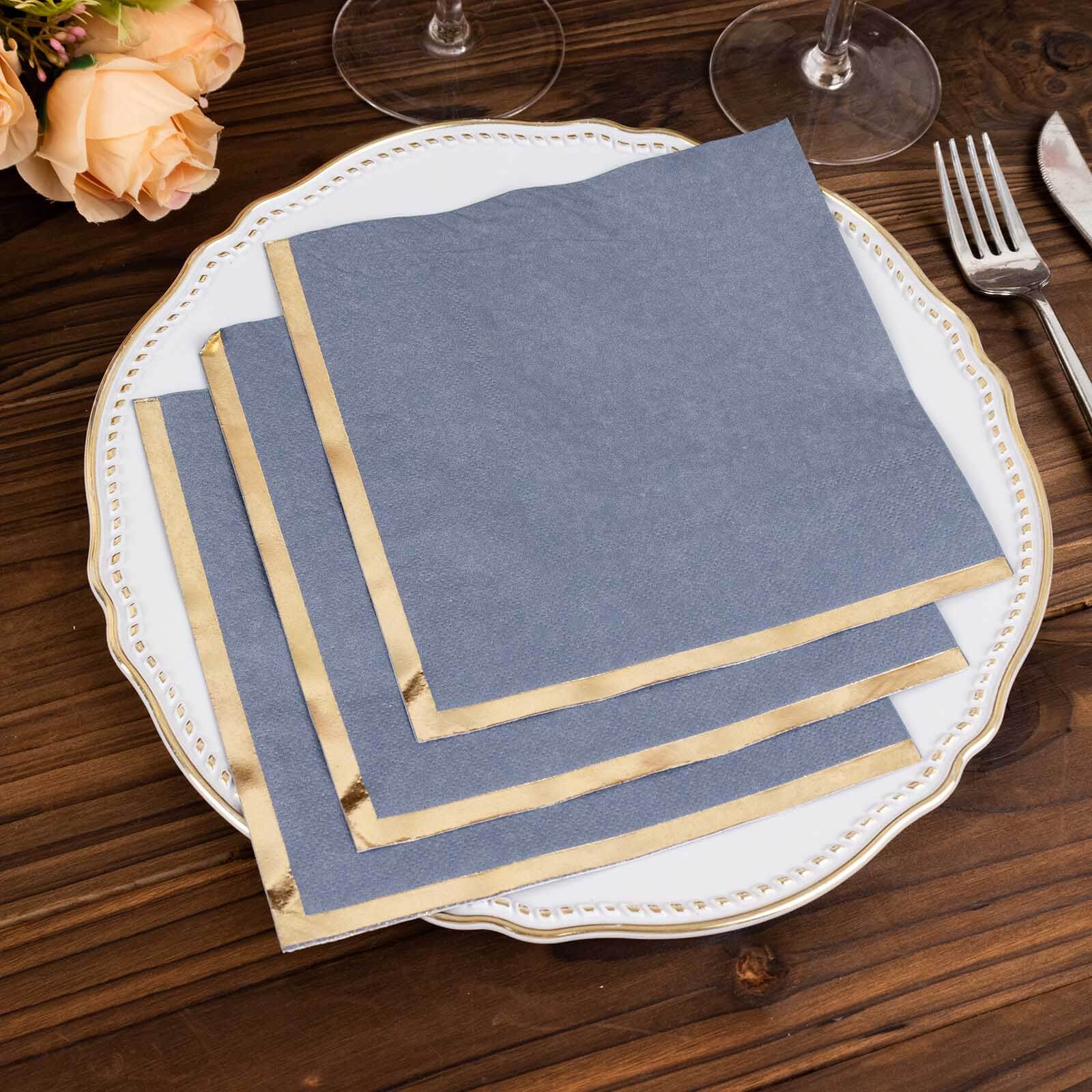 50 - Pack Paper Beverage Napkins with Gold Foil Edge Dusty Blue - Disposable 2 Ply Cocktail Napkins for Events 6.5"x6.5" - Bell Racket Store