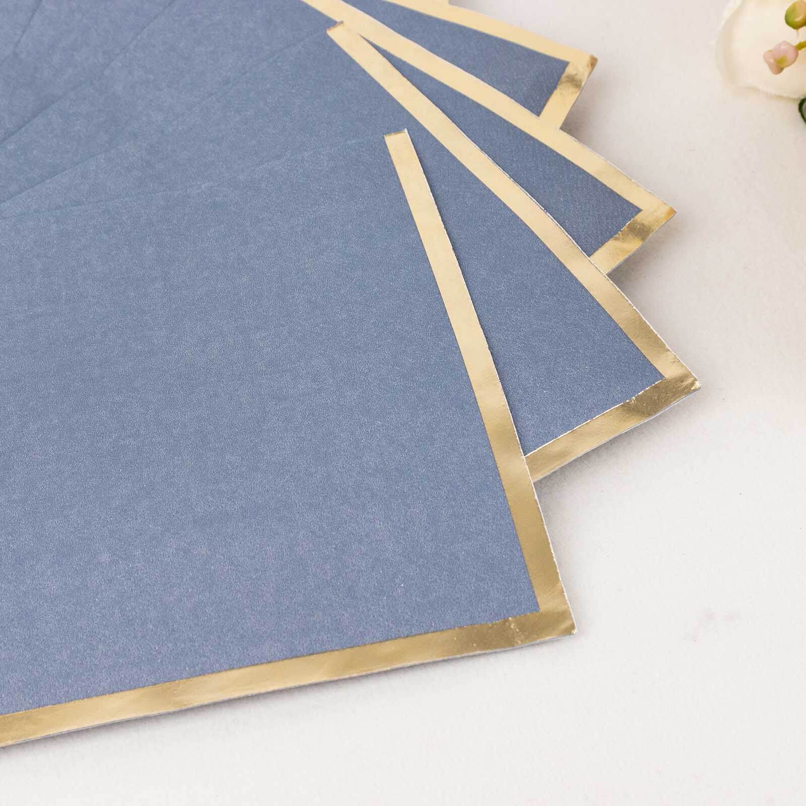 50 - Pack Paper Beverage Napkins with Gold Foil Edge Dusty Blue - Disposable 2 Ply Cocktail Napkins for Events 6.5"x6.5" - Bell Racket Store