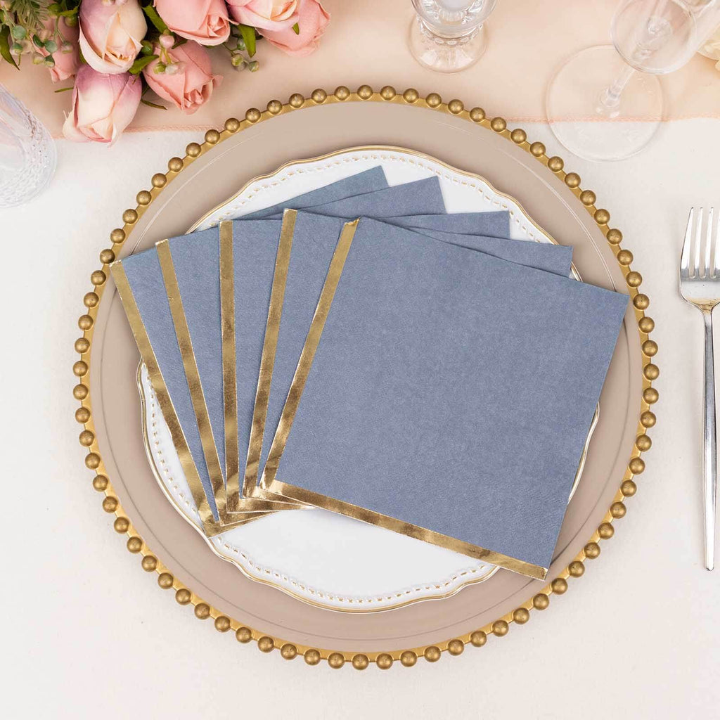 50 - Pack Paper Beverage Napkins with Gold Foil Edge Dusty Blue - Disposable 2 Ply Cocktail Napkins for Events 6.5"x6.5" - Bell Racket Store
