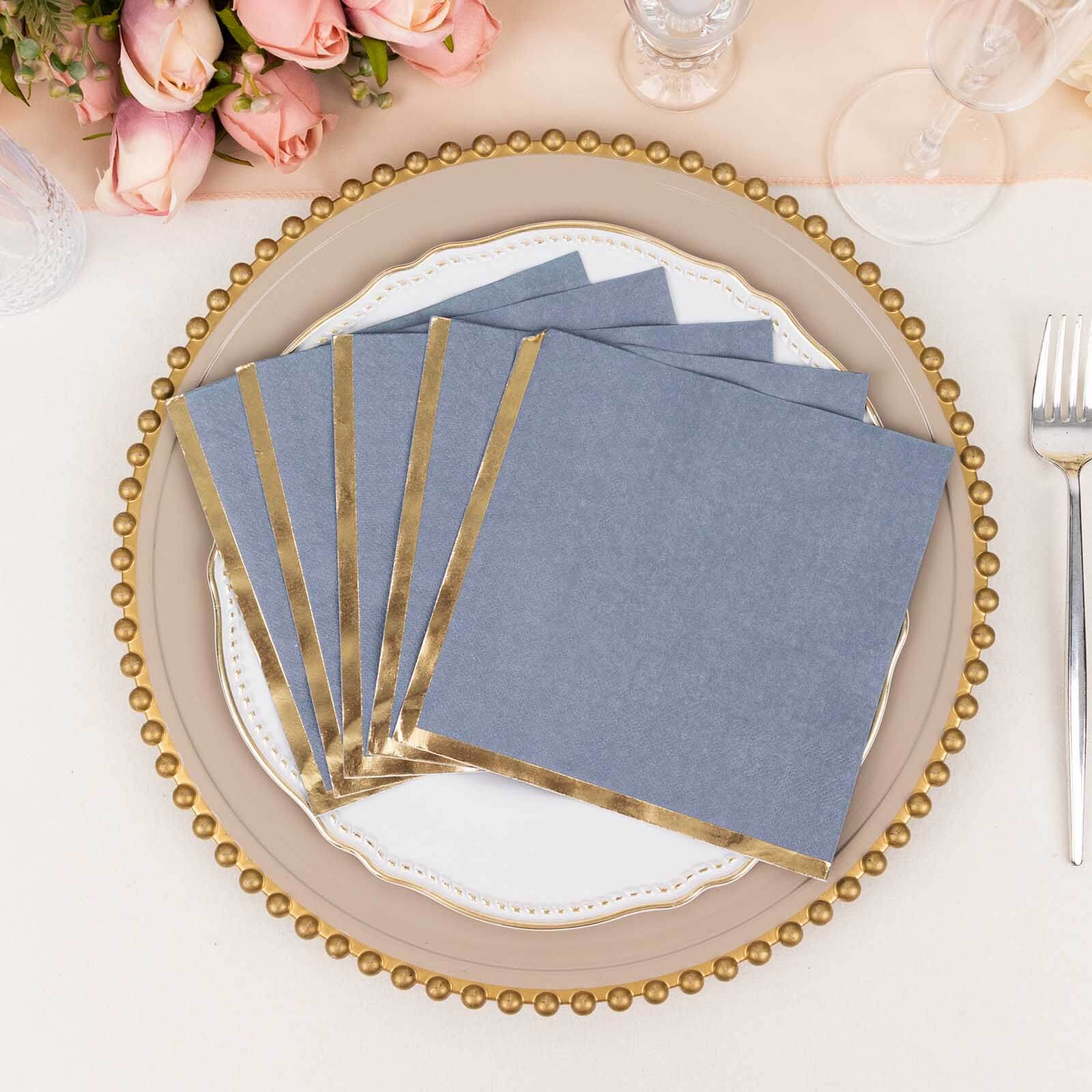 50 - Pack Paper Beverage Napkins with Gold Foil Edge Dusty Blue - Disposable 2 Ply Cocktail Napkins for Events 6.5"x6.5" - Bell Racket Store