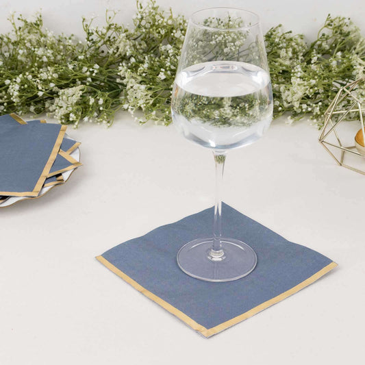 50 - Pack Paper Beverage Napkins with Gold Foil Edge Dusty Blue - Disposable 2 Ply Cocktail Napkins for Events 6.5"x6.5" - Bell Racket Store