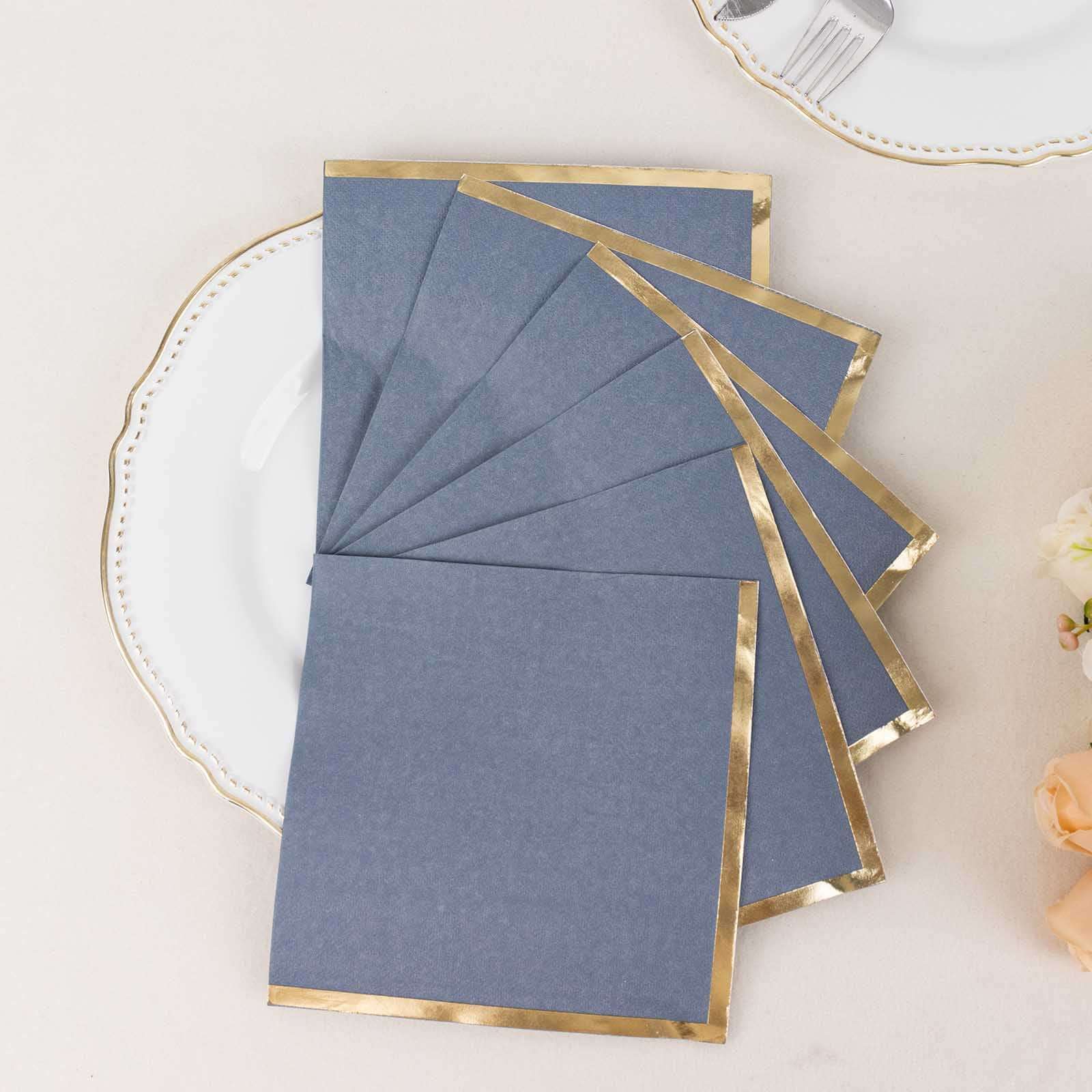 50 - Pack Paper Beverage Napkins with Gold Foil Edge Dusty Blue - Disposable 2 Ply Cocktail Napkins for Events 6.5"x6.5" - Bell Racket Store