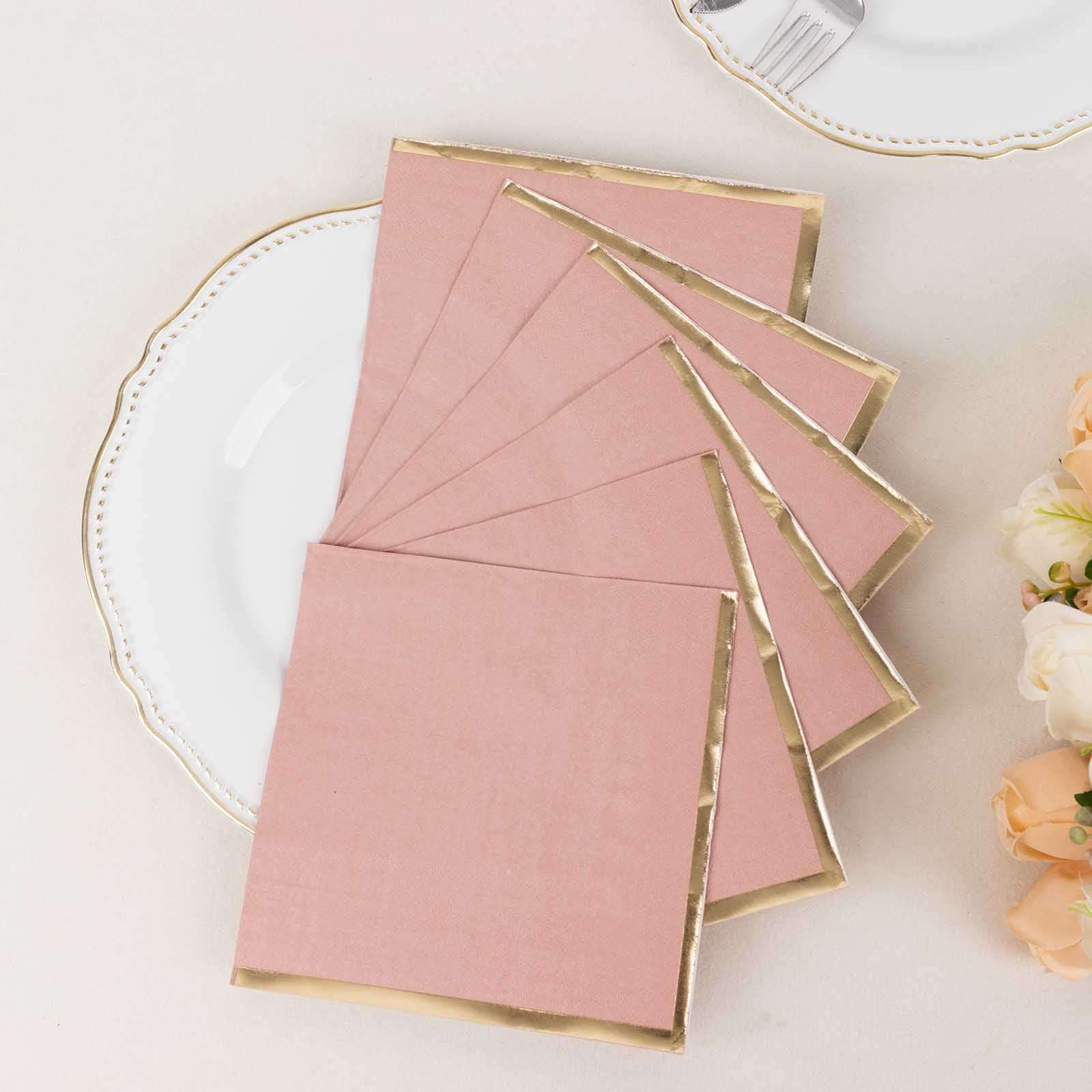 50 - Pack Paper Beverage Napkins with Gold Foil Edge Dusty Rose - Disposable 2 Ply Cocktail Napkins for Events 6.5"x6.5" - Bell Racket Store