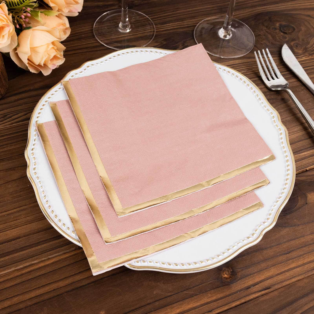 50 - Pack Paper Beverage Napkins with Gold Foil Edge Dusty Rose - Disposable 2 Ply Cocktail Napkins for Events 6.5"x6.5" - Bell Racket Store