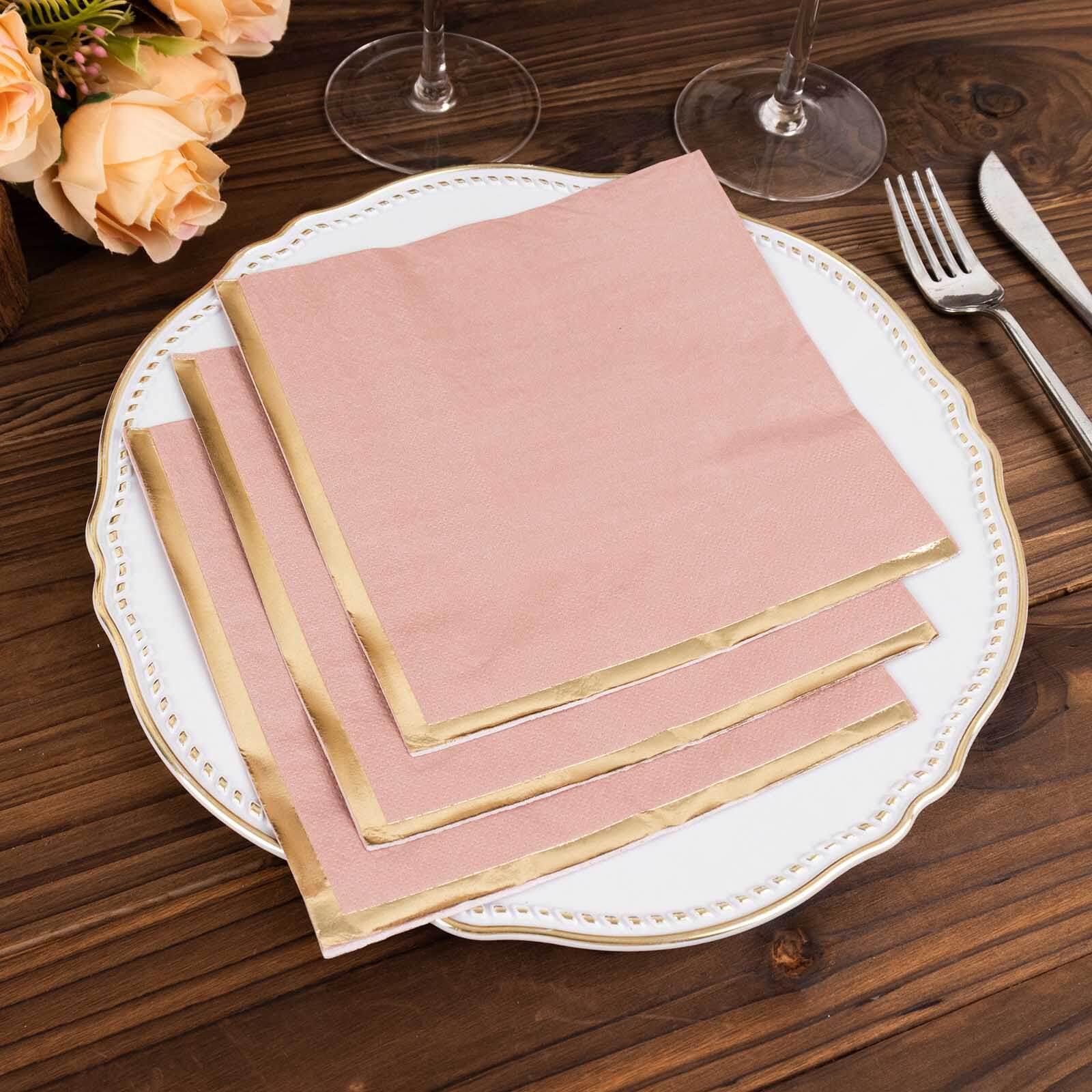50 - Pack Paper Beverage Napkins with Gold Foil Edge Dusty Rose - Disposable 2 Ply Cocktail Napkins for Events 6.5"x6.5" - Bell Racket Store