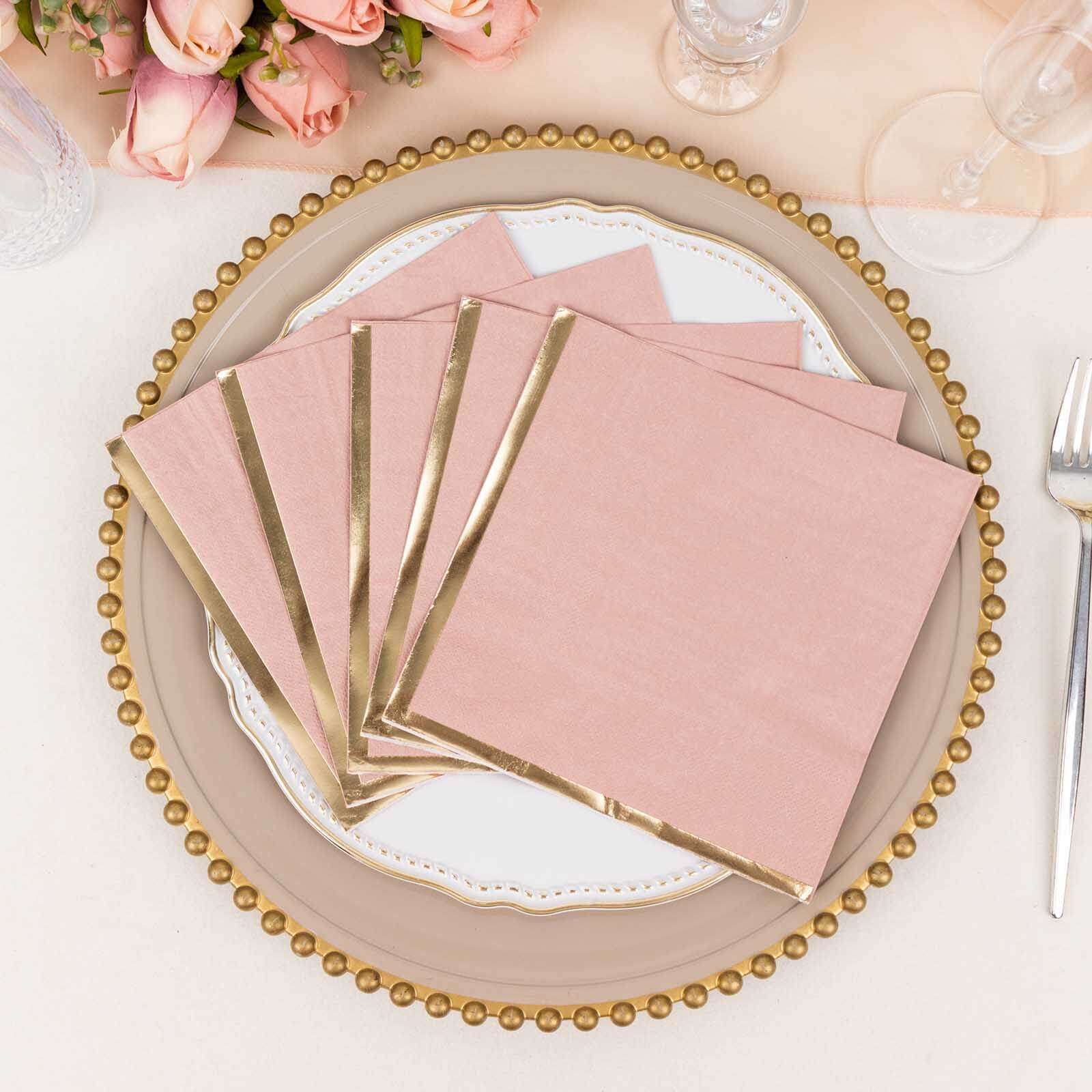 50 - Pack Paper Beverage Napkins with Gold Foil Edge Dusty Rose - Disposable 2 Ply Cocktail Napkins for Events 6.5"x6.5" - Bell Racket Store