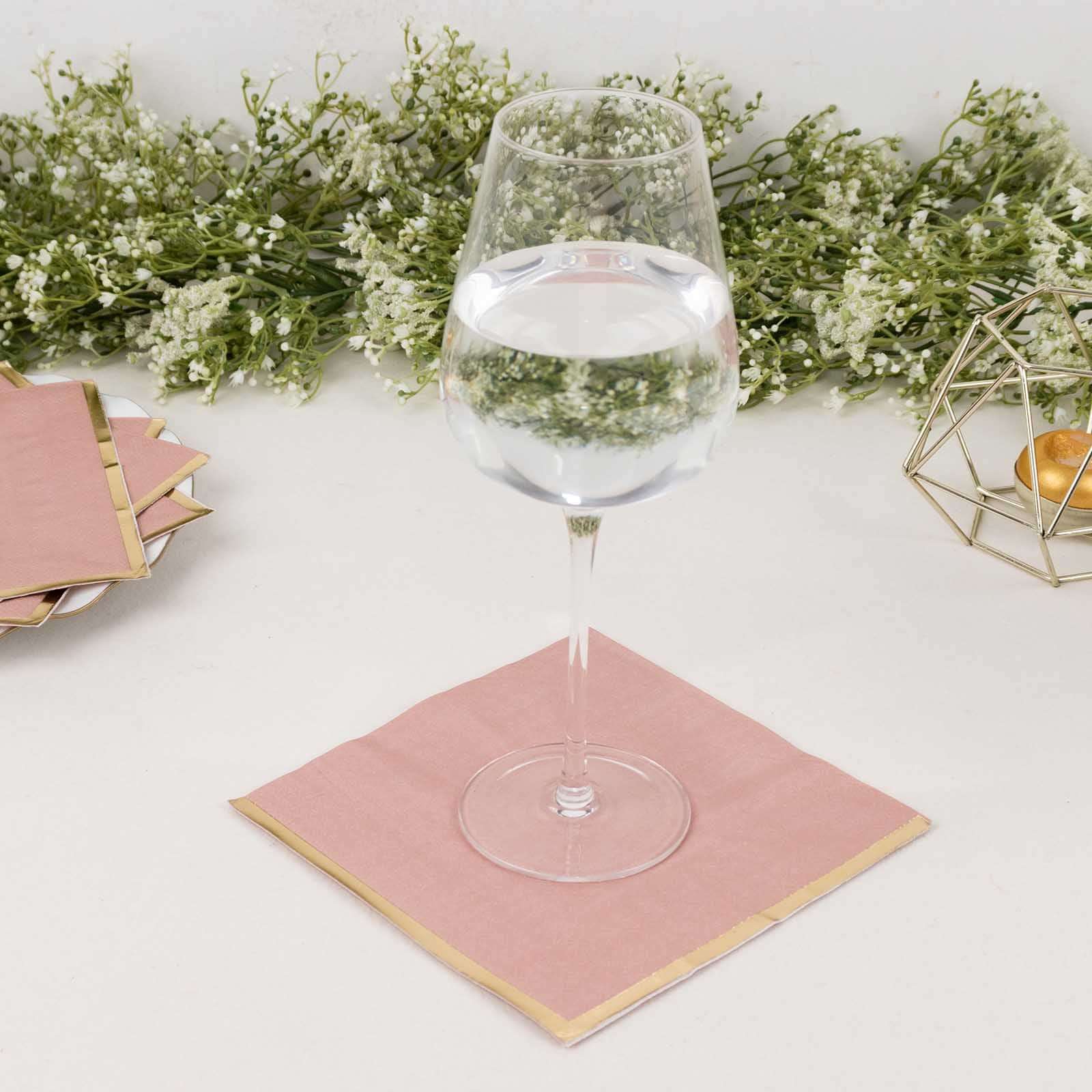 50 - Pack Paper Beverage Napkins with Gold Foil Edge Dusty Rose - Disposable 2 Ply Cocktail Napkins for Events 6.5"x6.5" - Bell Racket Store