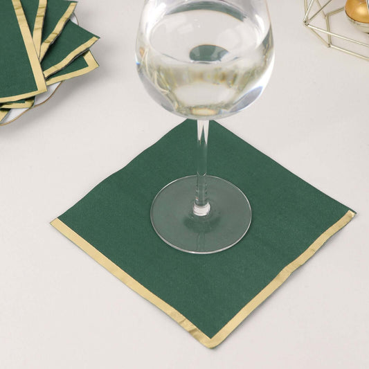 50 - Pack Paper Beverage Napkins with Gold Foil Edge Hunter Emerald Green - Disposable 2 Ply Cocktail Napkins for Events 6.5"x6.5" - Bell Racket Store