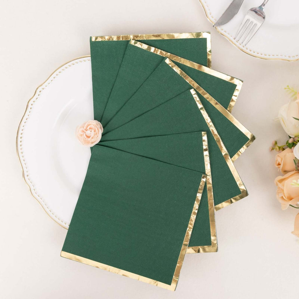 50 - Pack Paper Beverage Napkins with Gold Foil Edge Hunter Emerald Green - Disposable 2 Ply Cocktail Napkins for Events 6.5"x6.5" - Bell Racket Store