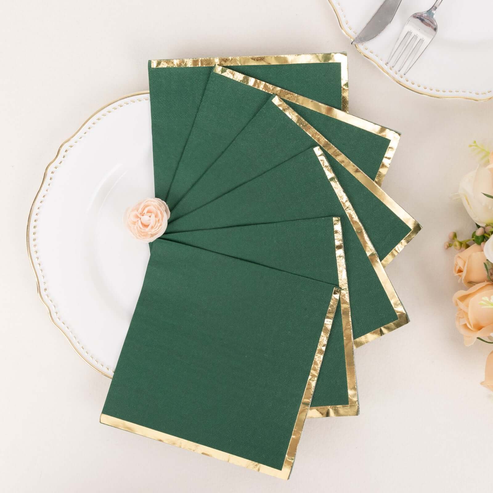 50 - Pack Paper Beverage Napkins with Gold Foil Edge Hunter Emerald Green - Disposable 2 Ply Cocktail Napkins for Events 6.5"x6.5" - Bell Racket Store