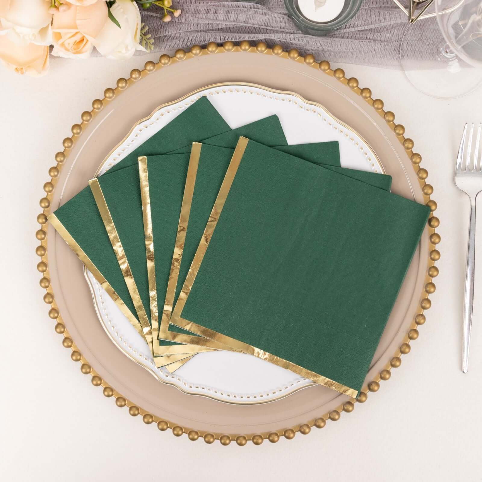 50 - Pack Paper Beverage Napkins with Gold Foil Edge Hunter Emerald Green - Disposable 2 Ply Cocktail Napkins for Events 6.5"x6.5" - Bell Racket Store